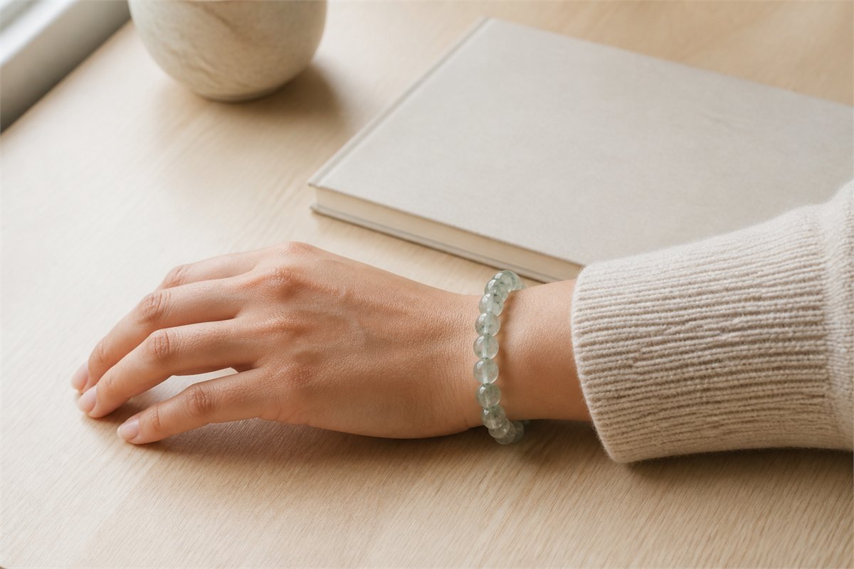 Hand wearing a mint-green bead bracelet with a cream knit sleeve at a pale wood desk