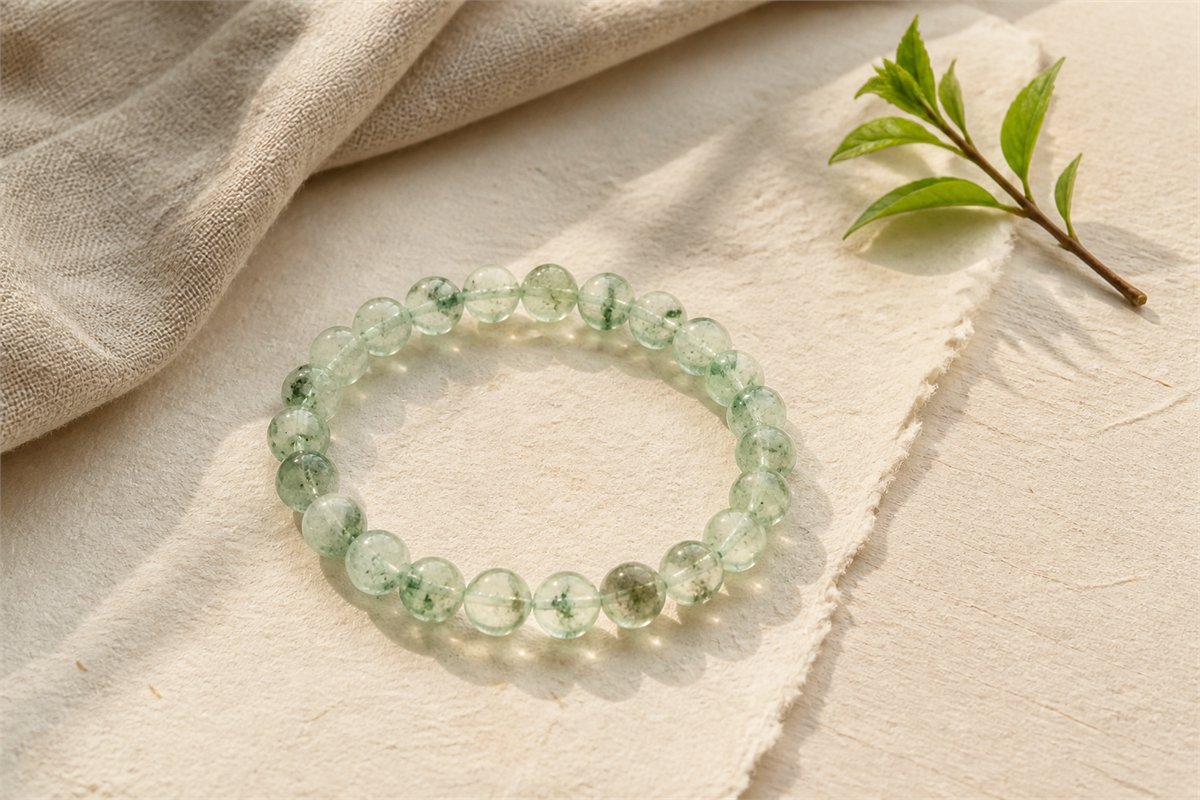 Mint-green translucent bead bracelet beside a small green sprig on handmade paper