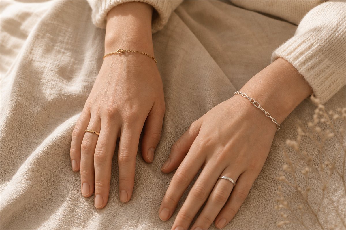 Hands wearing a slim gold ring, silver ring, fine gold bracelet, and silver watch-style bracelet with neutral clothing