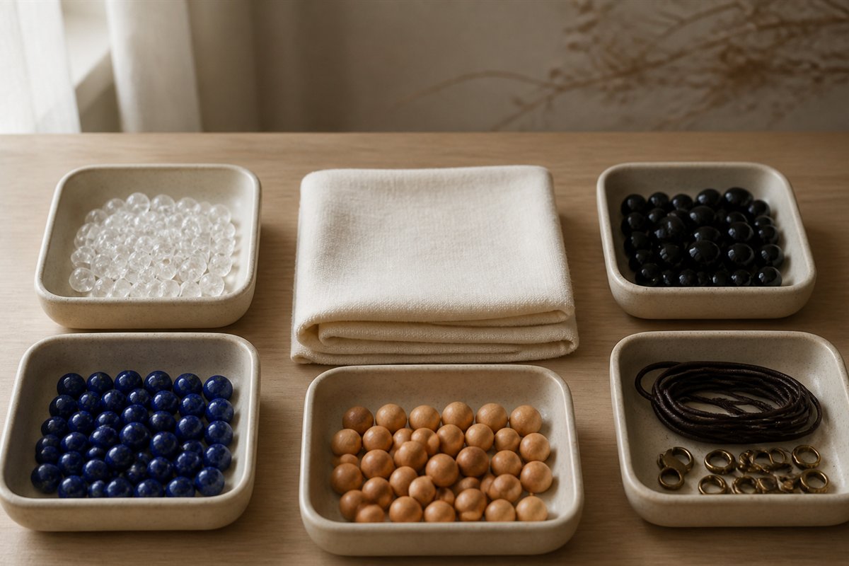 Several stone and wood bracelets resting separately with a soft cloth and dry storage pouches.