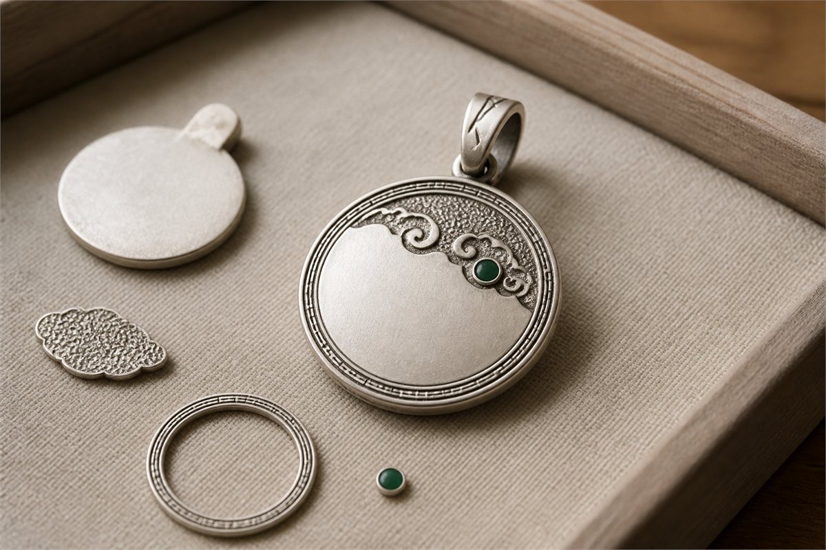 Round silver pendant combining cloud-like chased texture, a small green enamel accent, and separately formed components