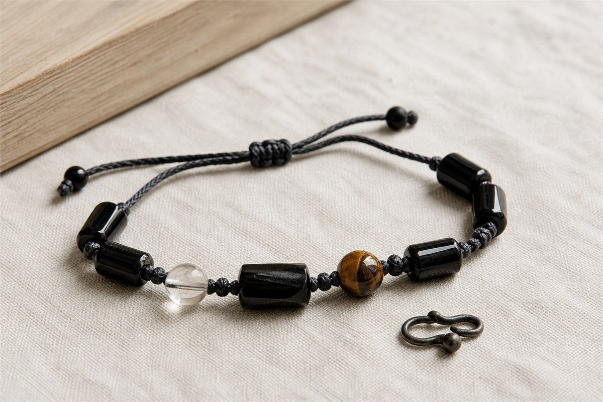 Black tourmaline bracelet with visible drill holes, braided cord, sliding knot, spacers, and clasp component.