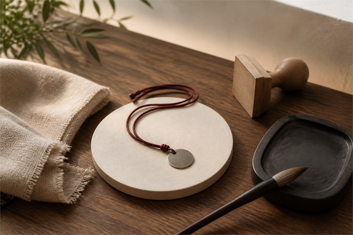 Plain round pendant, clay plaque, brush, inkstone, and unmarked wood seal on a worktable