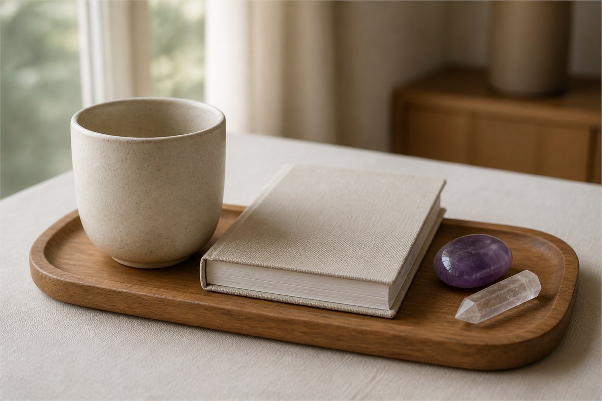 Amethyst palm stone and clear quartz point on a wooden tray beside a blank notebook