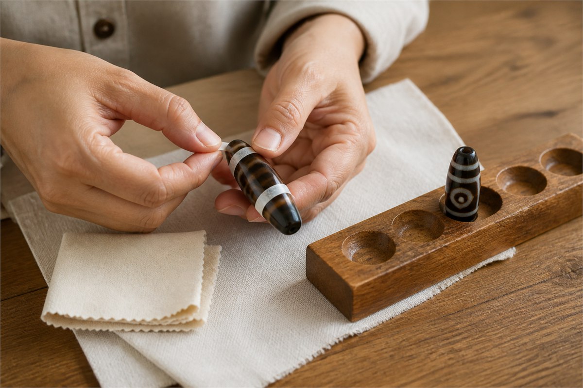 Artisan hands applying a simple geometric mask to a modern agate bead at a wooden workbench