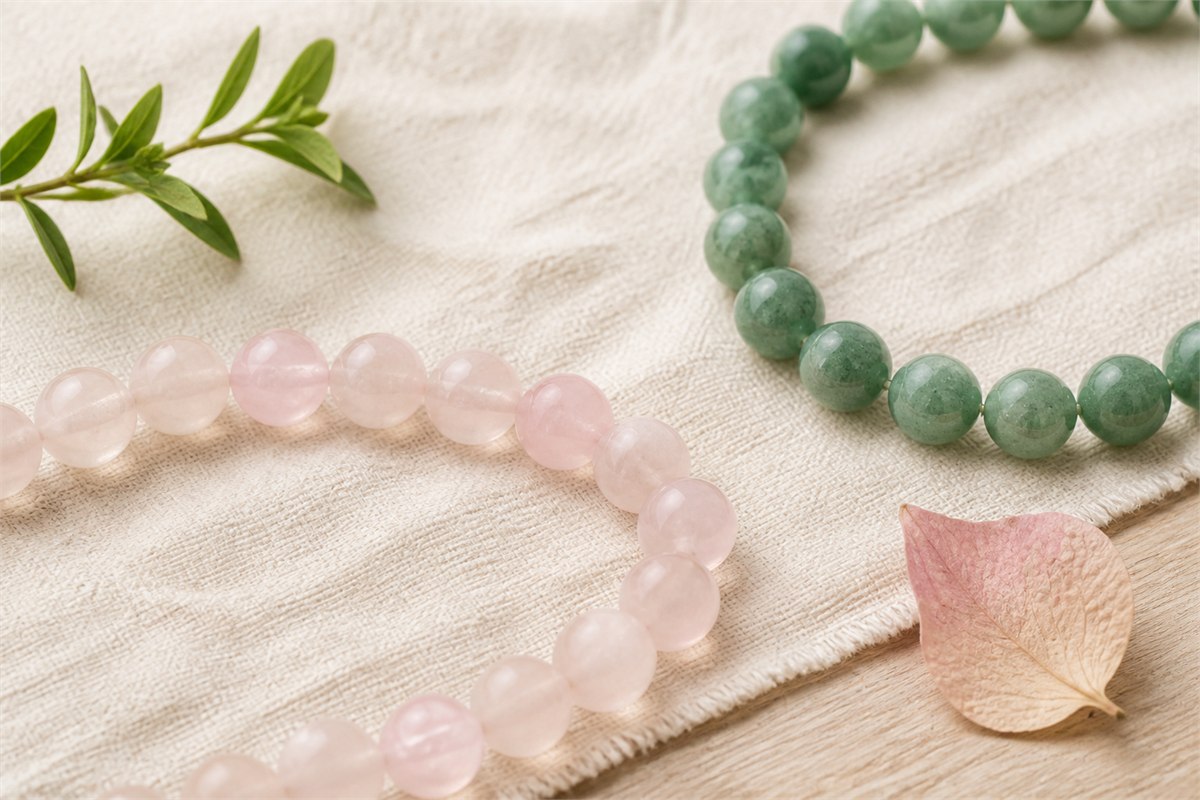 Pink and green gemstone bead strands arranged separately on warm ivory linen