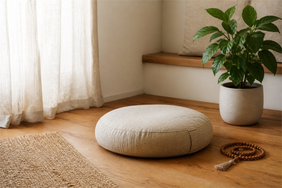 Simple modern home meditation corner with a woven cushion, wooden mala, and green plant