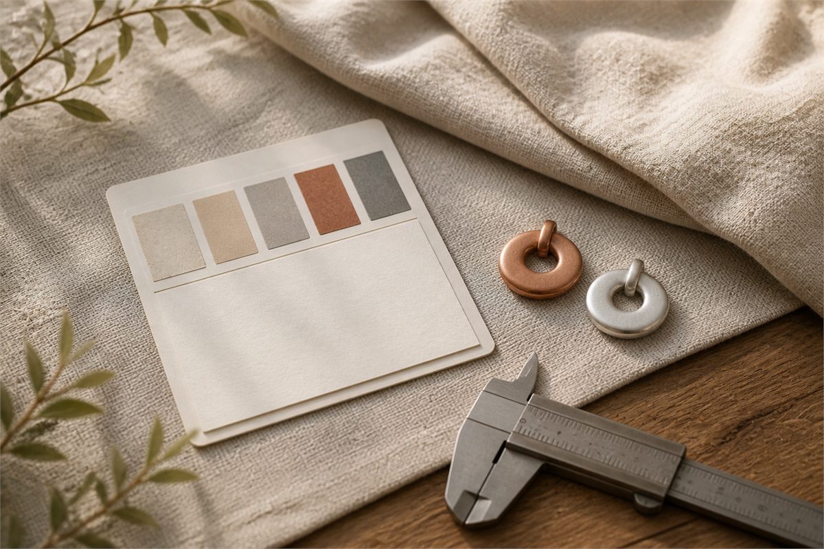 Copper-toned and silver-white pendants beside a blank material sample card and closed caliper