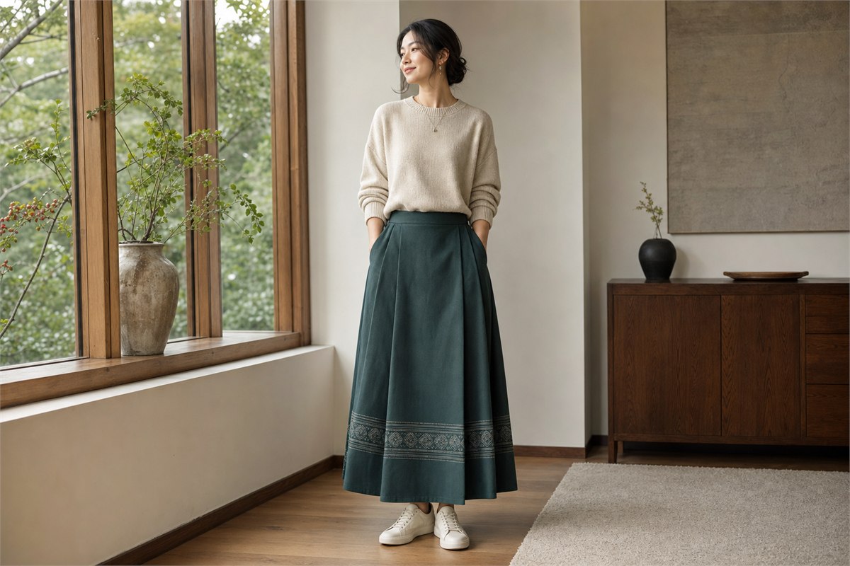 Contemporary wearer pairing a dark jade ma mian qun with an oatmeal knit and white sneakers