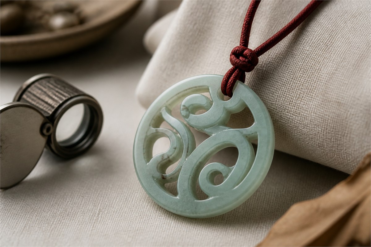 Modern muted green openwork pendant on a red cord beside a jeweler's loupe and linen