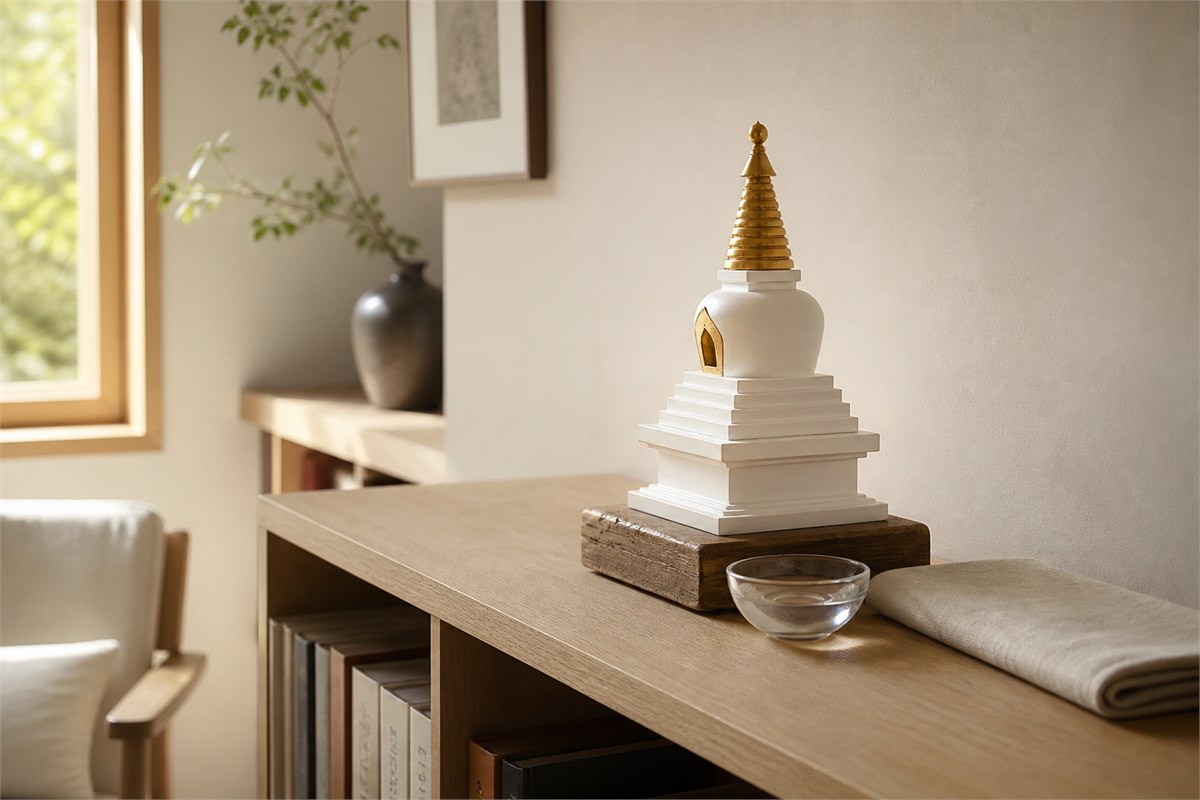 Modern closed stupa model placed on a clean high wooden shelf in warm window light