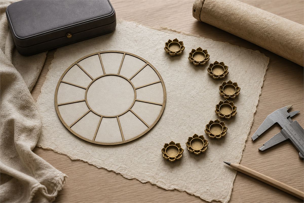 Eight empty lotus-shaped settings beside a blank twelve-segment brass design on an artisan table