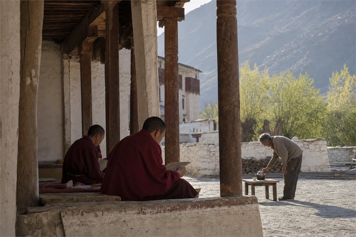 Two robed adult learners reading beneath a monastery colonnade while an older lay adult sets down tea nearby