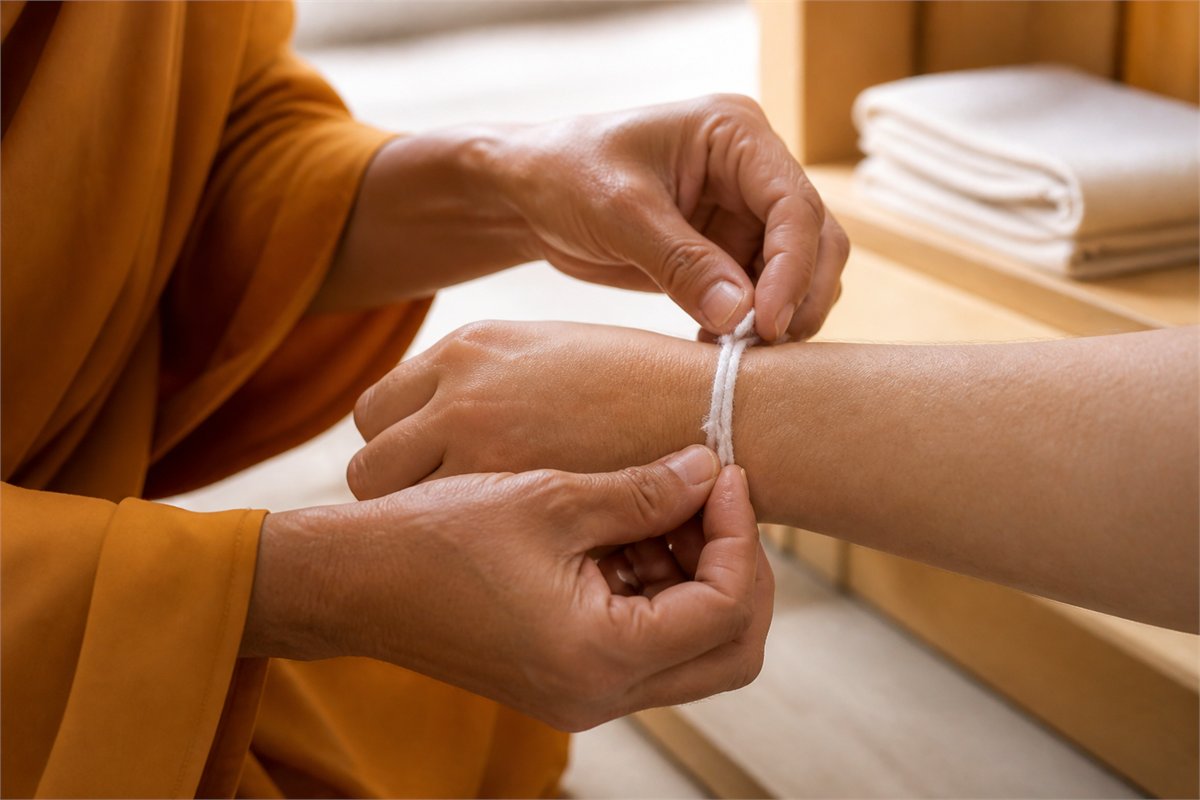 A Buddhist monk respectfully ties a plain white cotton blessing cord around an adult visitor’s wrist.