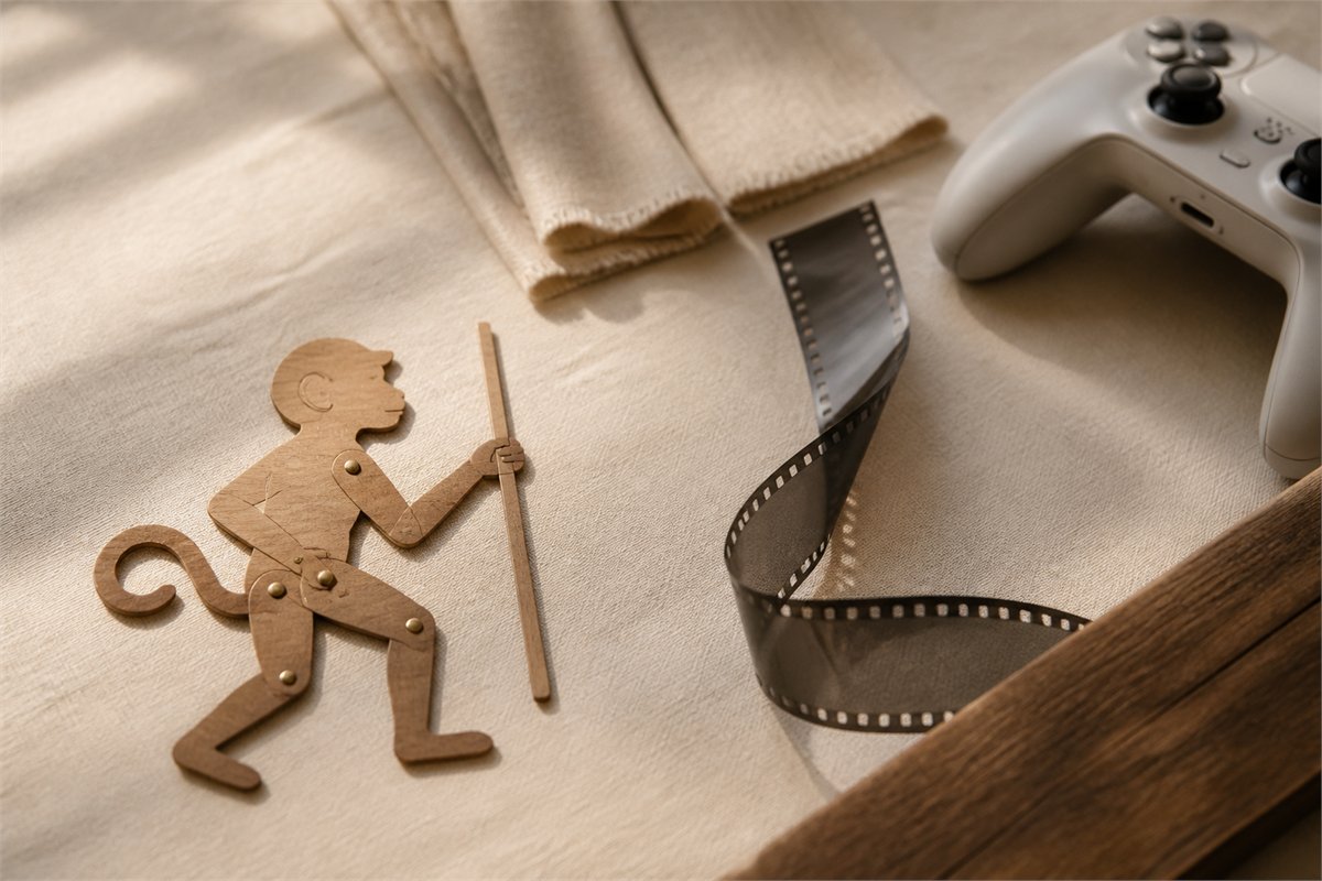 A wooden monkey shadow puppet beside blank film and an unbranded game controller