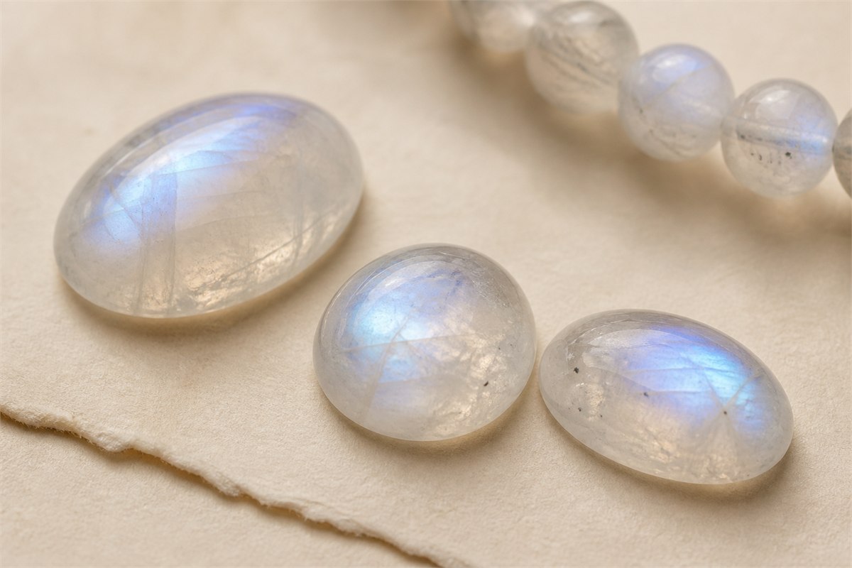 Moonstone cabochons and bracelet beads showing soft blue-white adularescence
