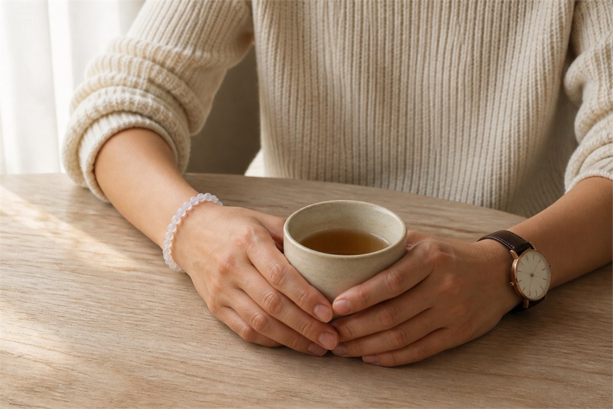 Moonstone bracelet and simple watch worn on separate wrists while holding a ceramic cup