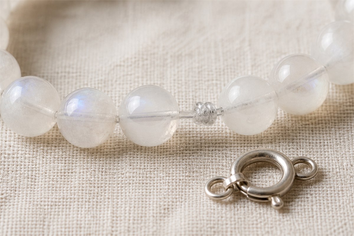 Close view of moonstone bead holes, transparent cord, protected knot, and silver clasp component