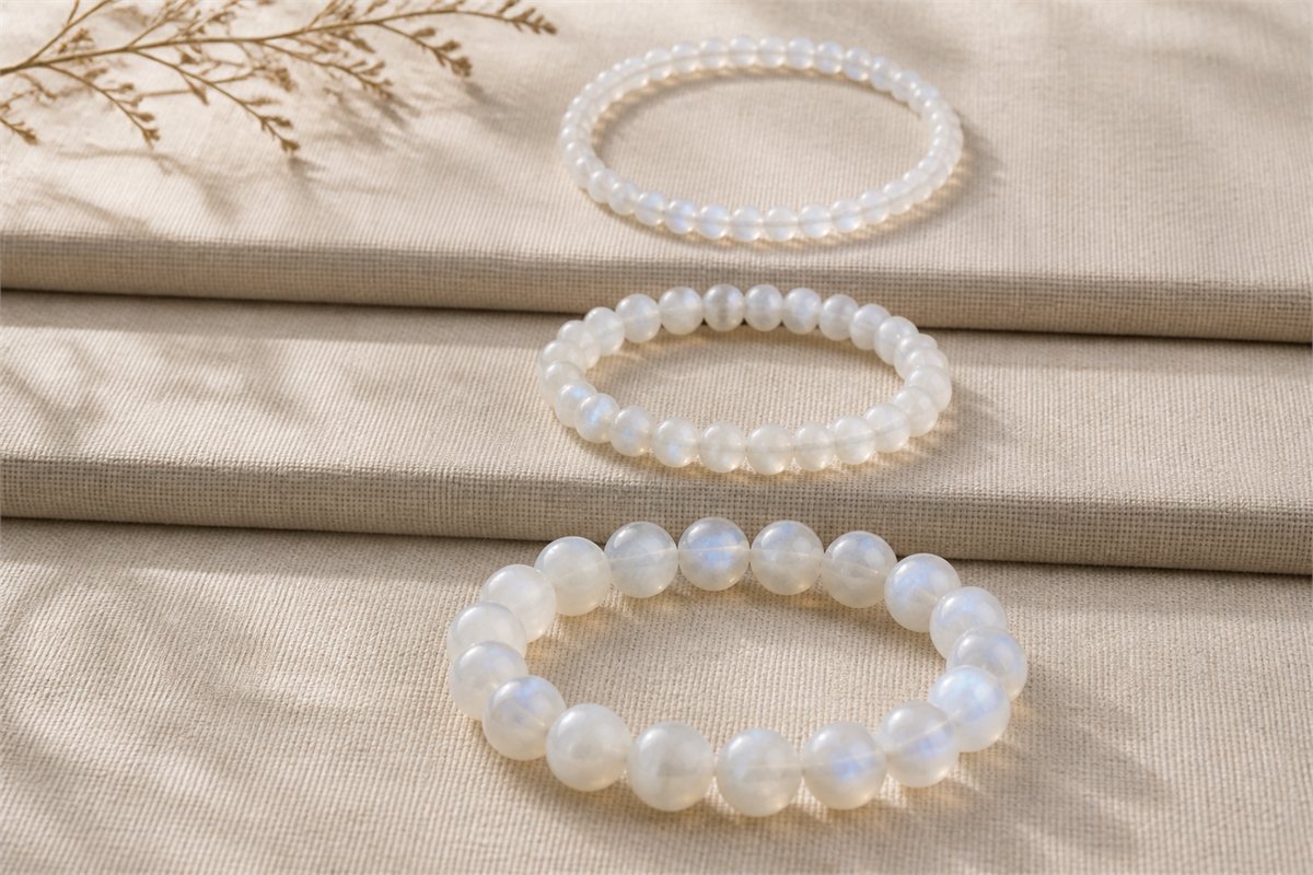 Three white moonstone bracelets with small, medium, and large round bead diameters