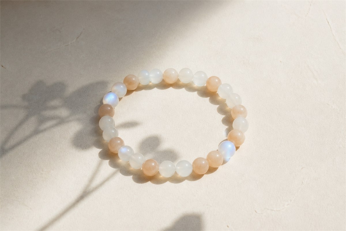 White and peach moonstone bracelet forming a circle beneath a soft branch shadow