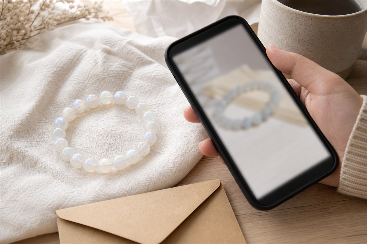 Moonstone bracelet beside a phone showing a blurred product video and a blank return envelope