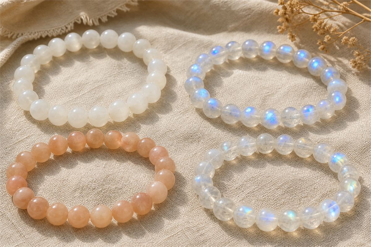 Separate milky white, blue-sheen, peach, and rainbow moonstone trade bracelets on linen