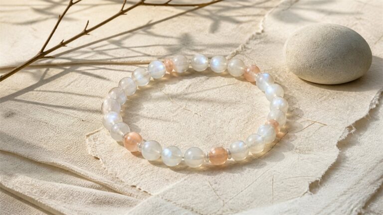 White and peach moonstone bracelet on warm ivory parchment with branch shadows and a smooth stone