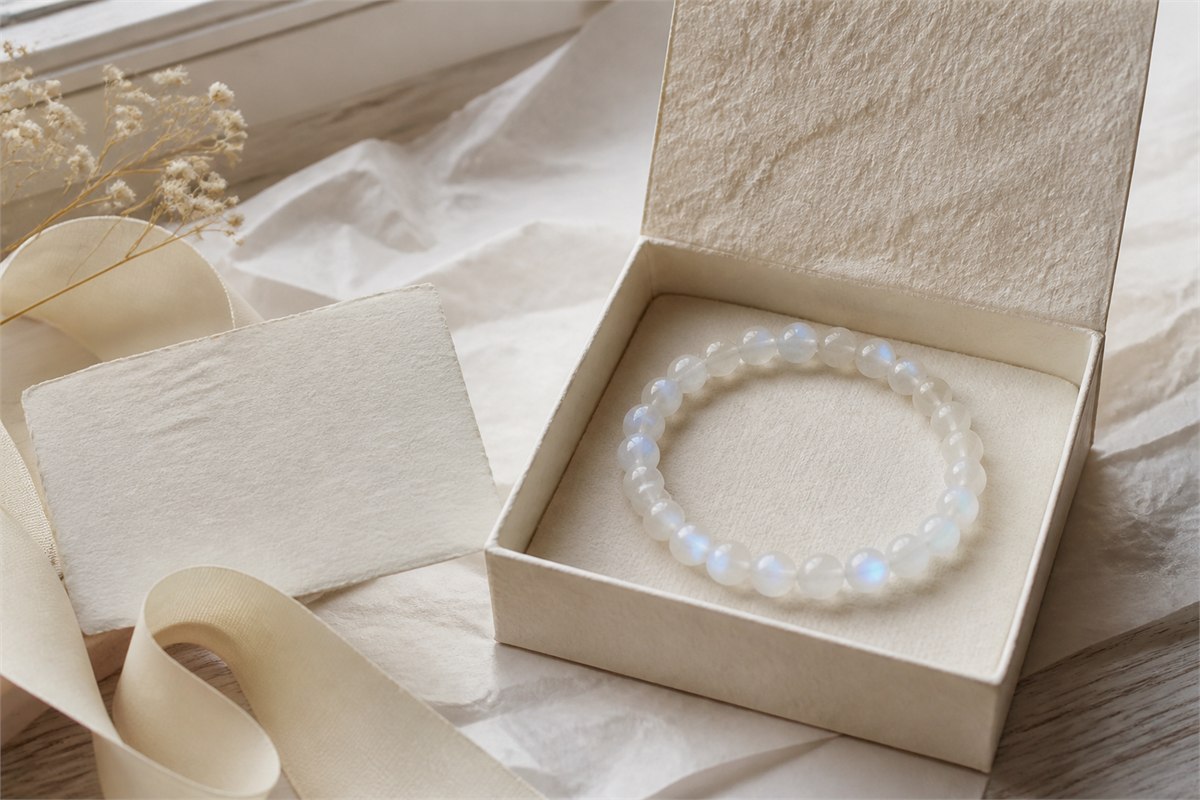 White moonstone bead bracelet in a soft-lined ivory gift box with ribbon