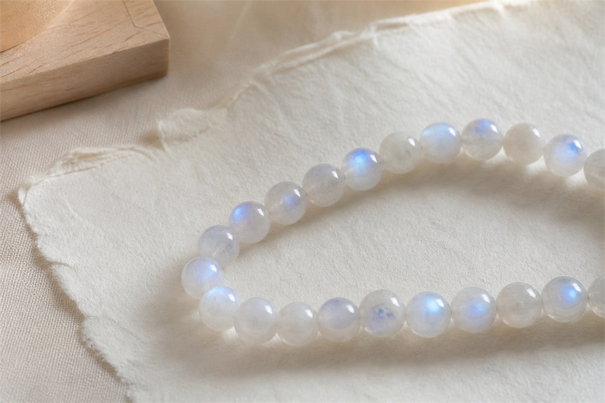 White moonstone bracelet beads showing blue-white sheen at different angles