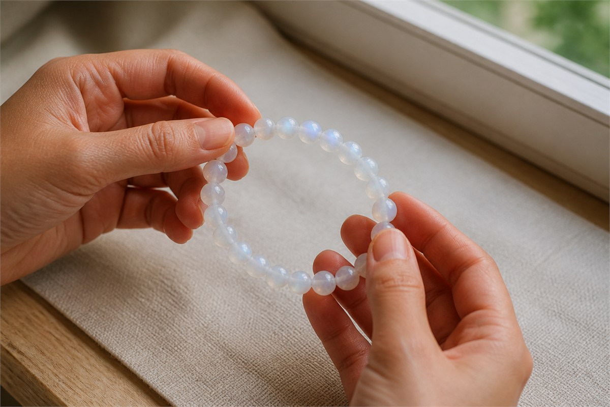 Hands rotating a white moonstone bead bracelet beside a window in indirect daylight