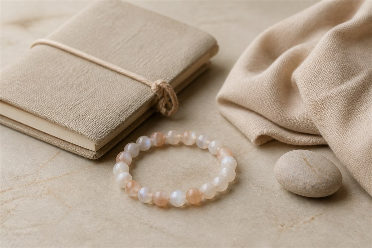 White and peach moonstone bracelet beside a linen journal, scarf, and smooth travel stone