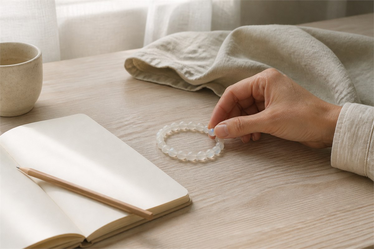 Hand touching a moonstone bracelet beside a blank journal and pencil
