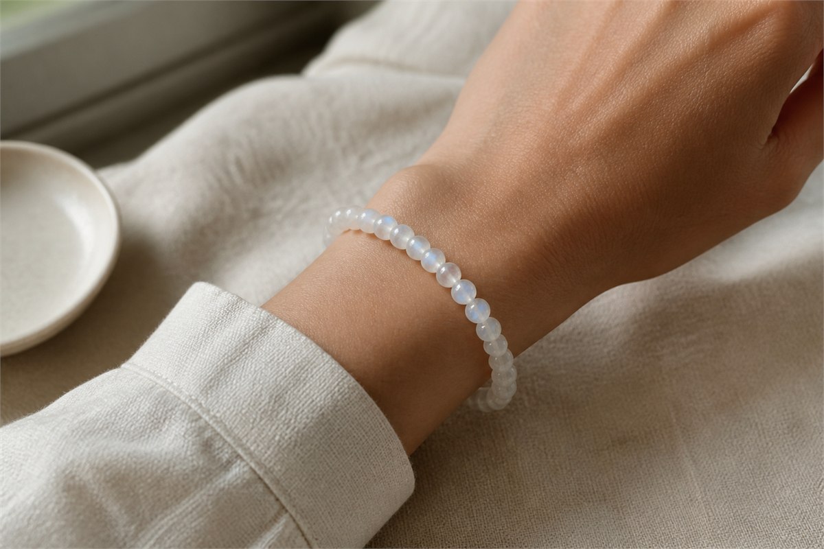 White moonstone bead bracelet worn comfortably on a wrist in soft natural light