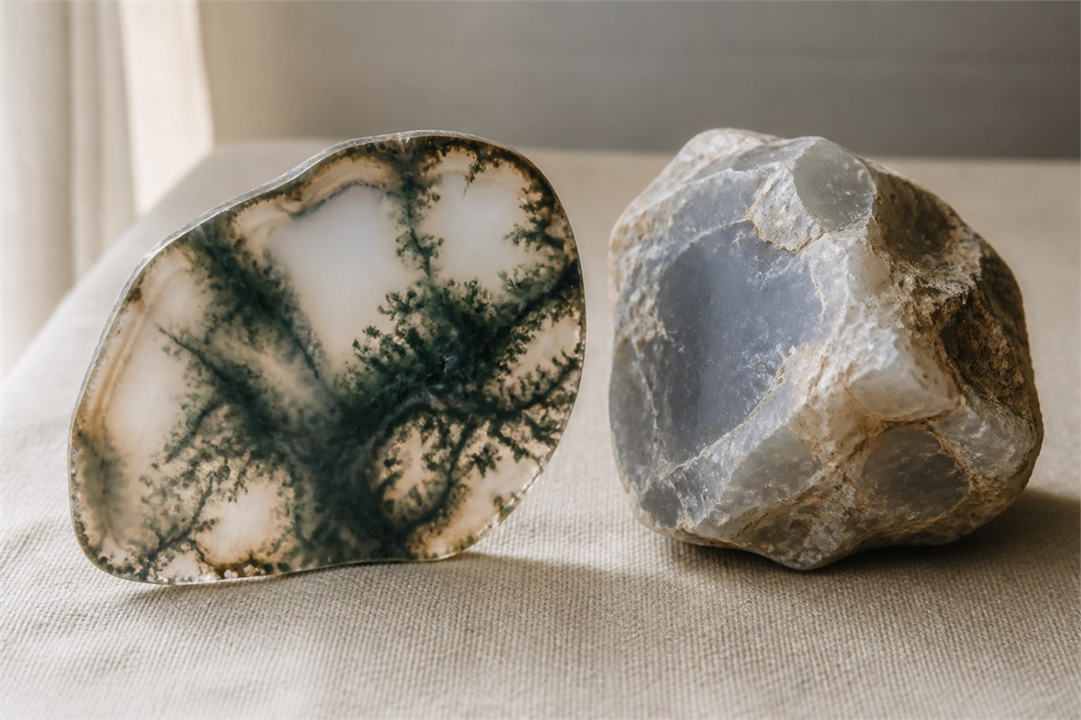 Polished moss agate slice beside a rough chalcedony nodule in natural light