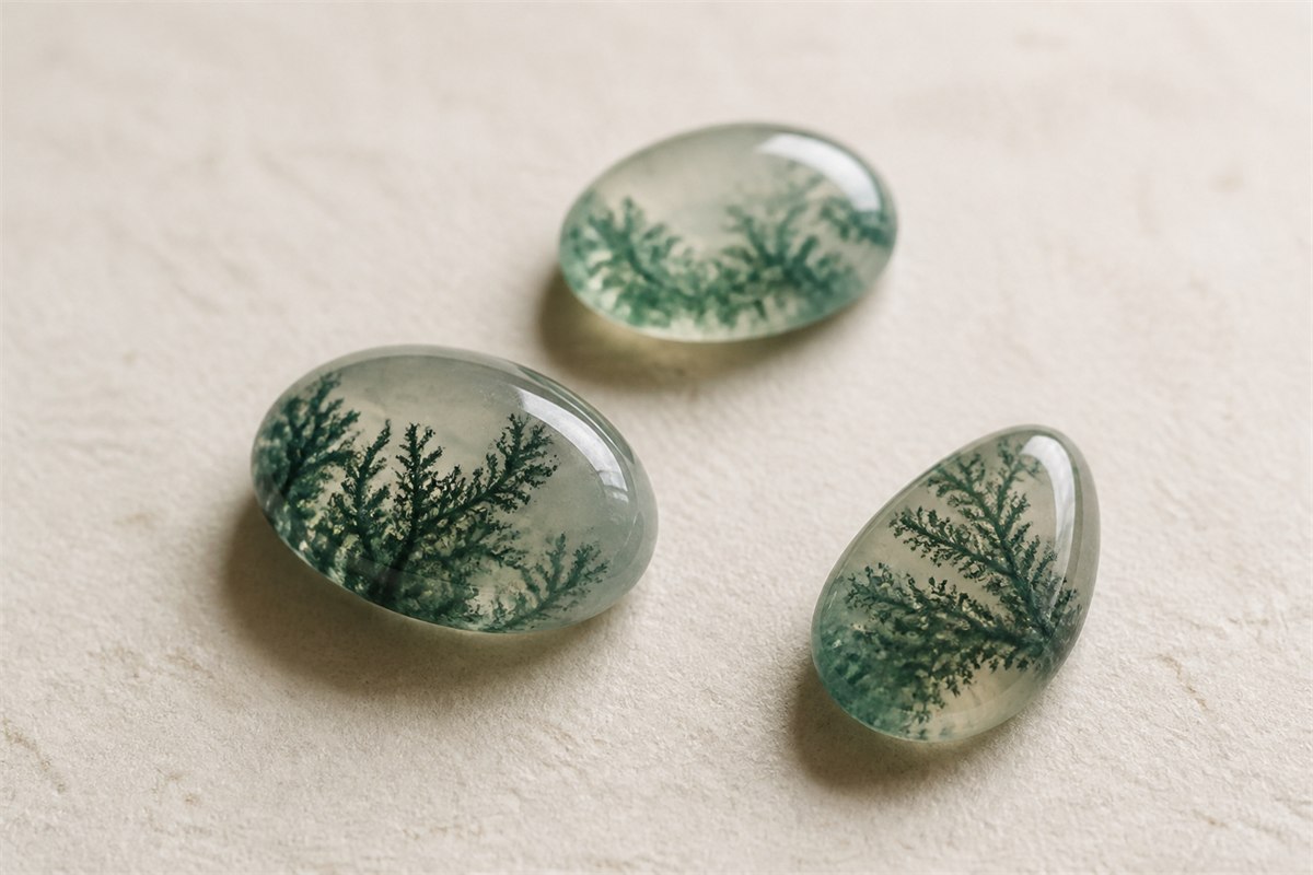 Three polished moss agate cabochons with green branching mineral inclusions