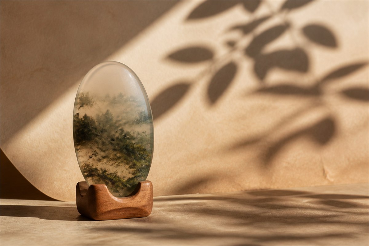 Upright moss agate cabochon with forest-like inclusions and soft branch shadows