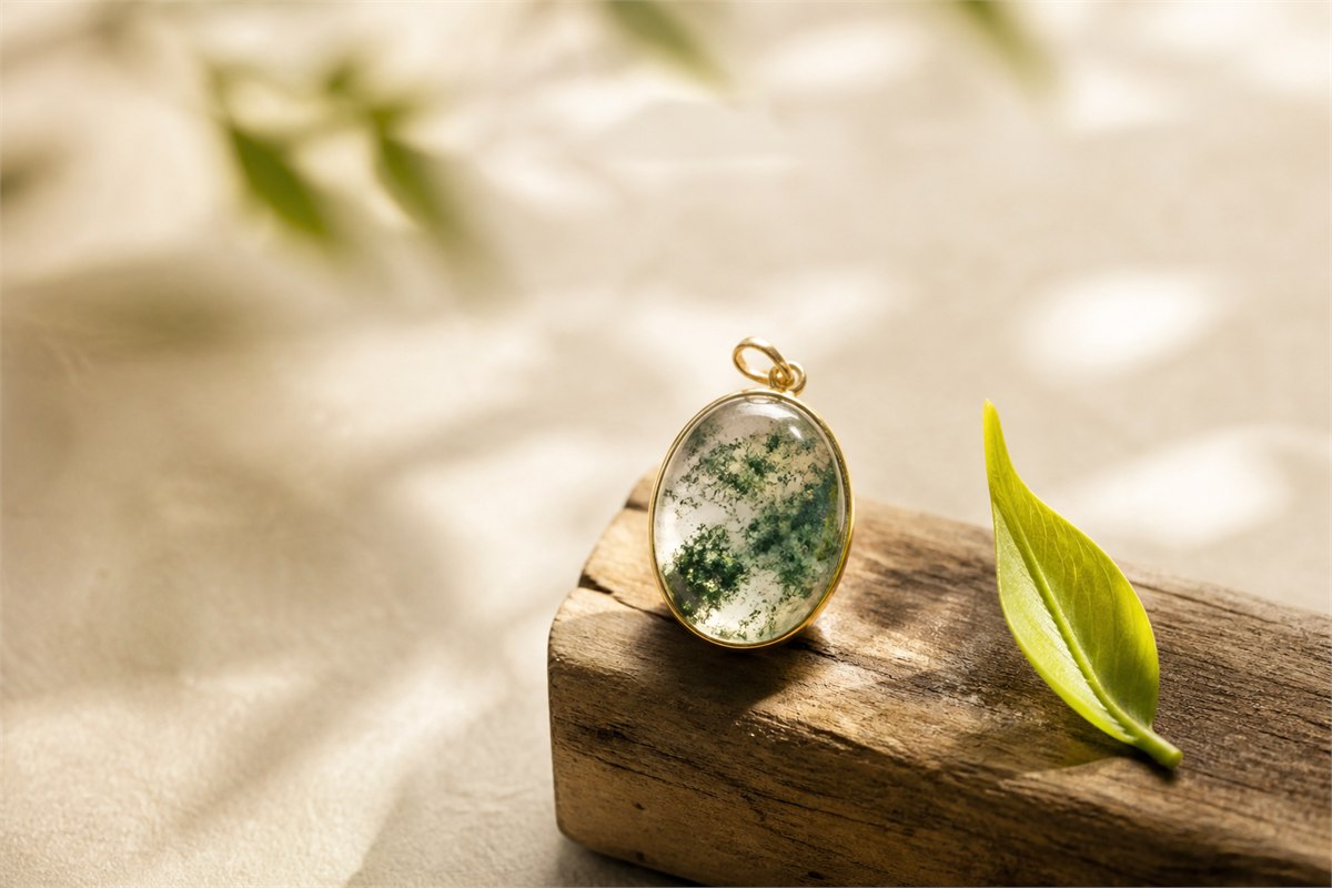 Oval moss agate pendant beside a fresh green leaf on natural wood