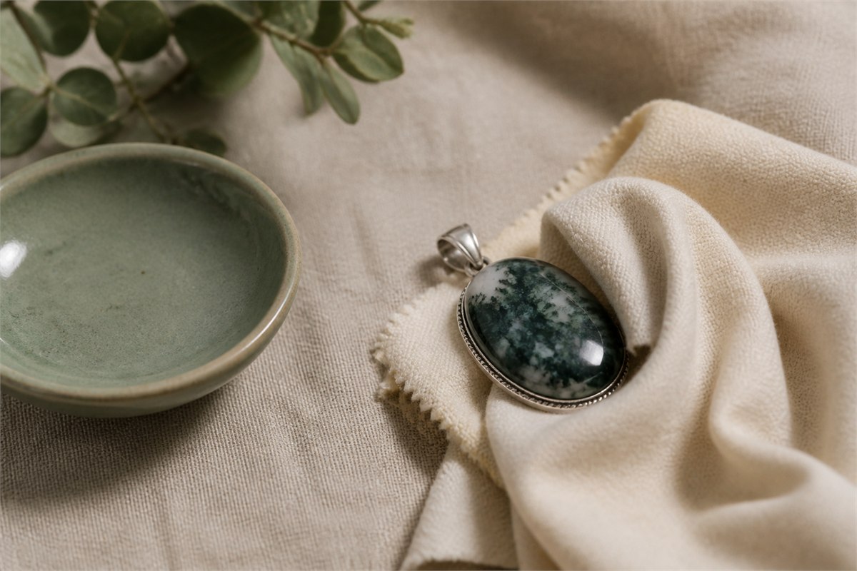 Moss agate pendant resting on a soft cleaning cloth beside a ceramic dish
