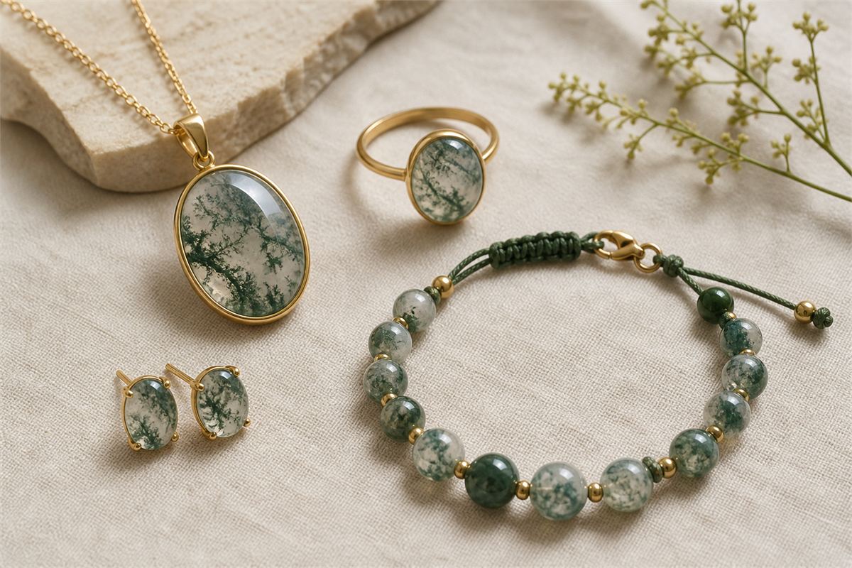Moss agate pendant, ring, earrings, and beaded bracelet on neutral linen