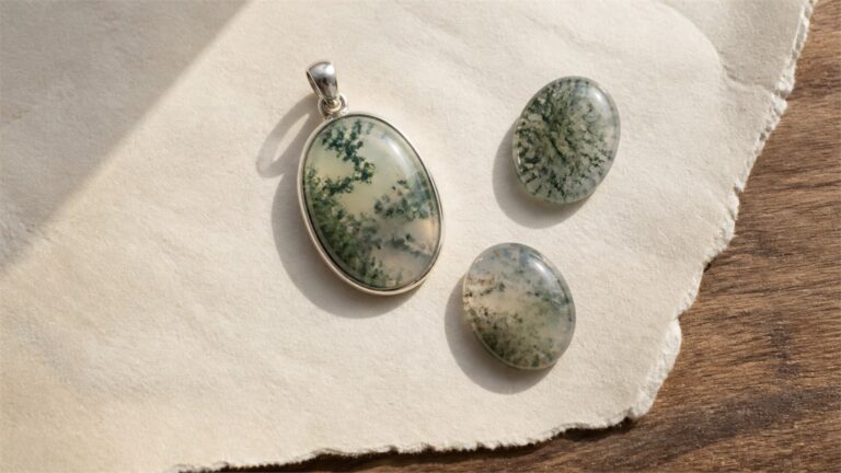 Moss agate pendant and two cabochons on ivory paper and natural wood