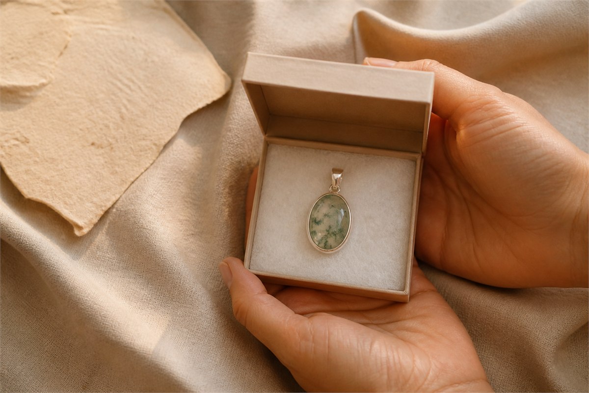 Hands presenting a moss agate pendant in a neutral paper gift box