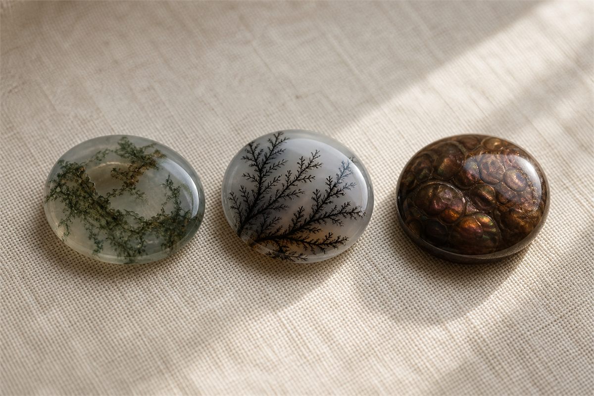 Three agate cabochons showing moss-like inclusions, branching dendrites, and layered fire agate iridescence