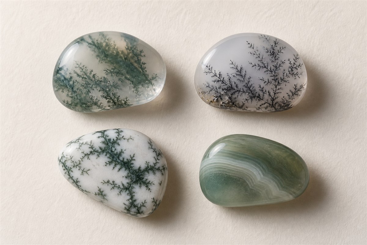 Four polished stones showing moss, dendritic, tree, and green agate patterns
