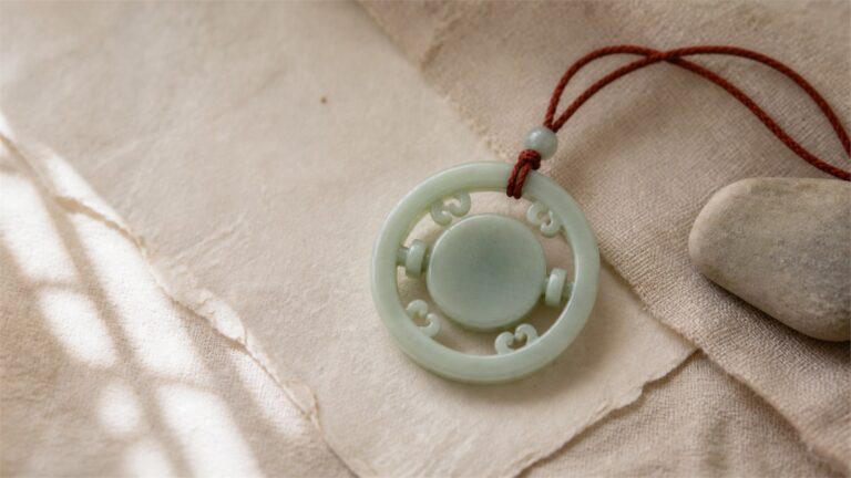 Muted green moving-center pendant resting on warm linen beside a red cord