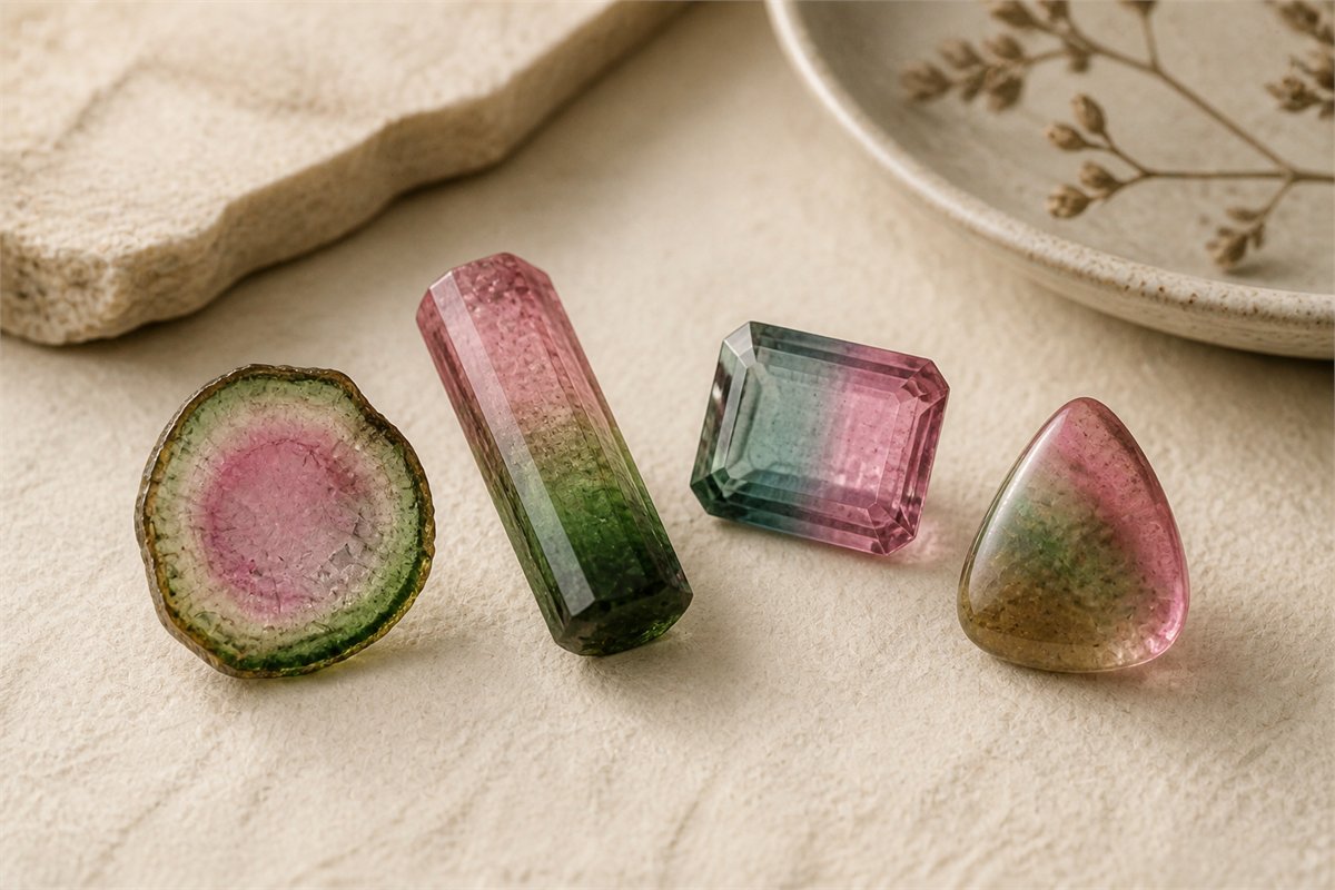 Cross-section, crystal, faceted gem and cabochon with pink and green tourmaline zoning