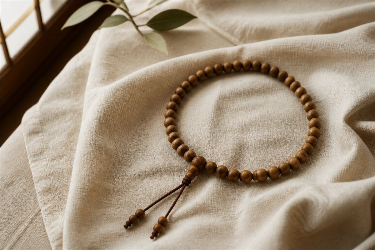 Plain wooden Buddhist prayer beads resting in an open circle on folded ivory linen