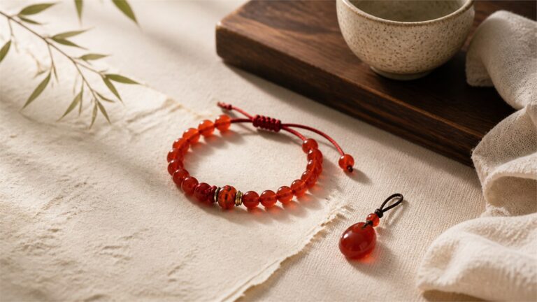 Red chalcedony bracelet and pendant arranged on ivory linen beside a wooden tray