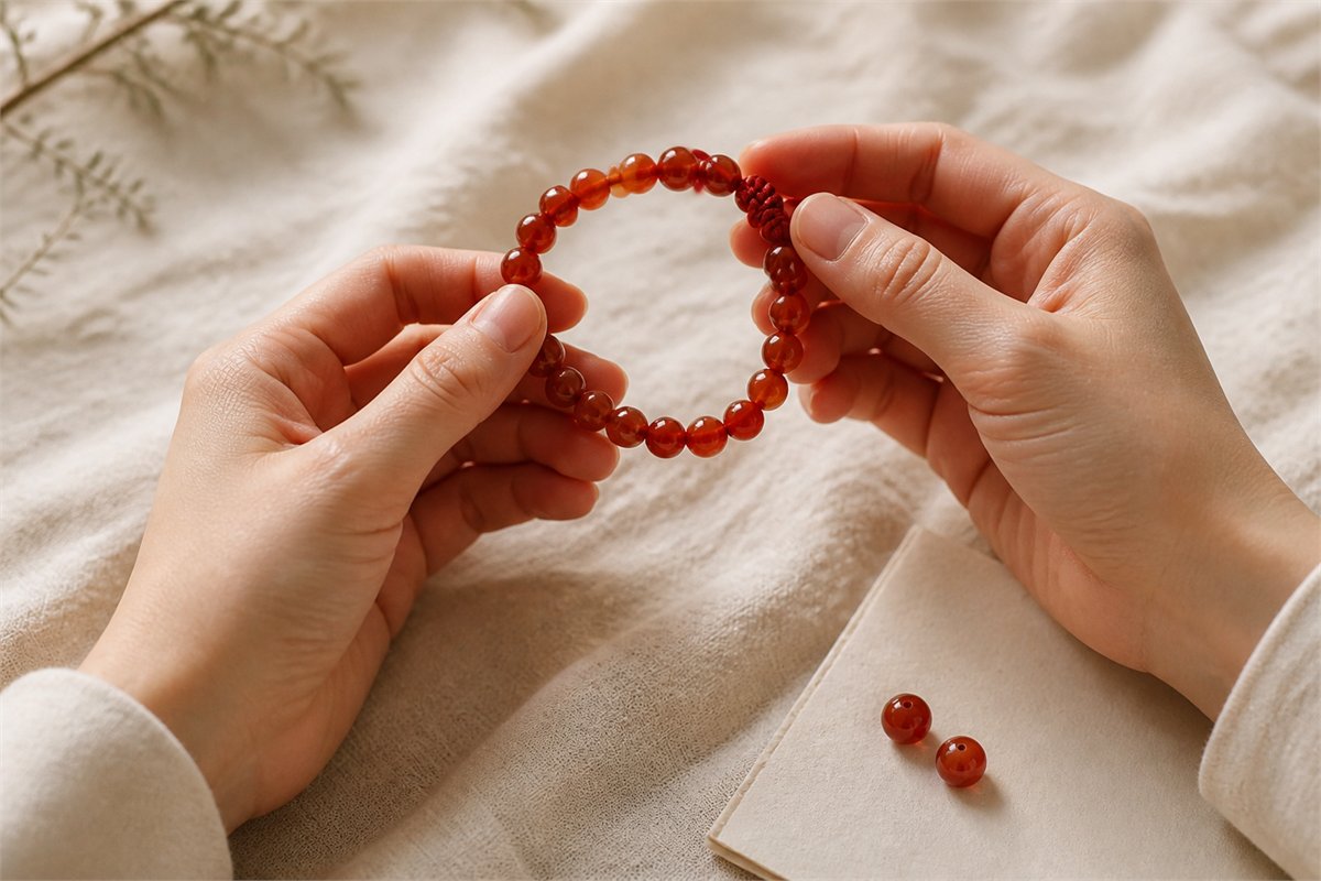 Two hands gently inspecting a red chalcedony bead bracelet and its stringing
