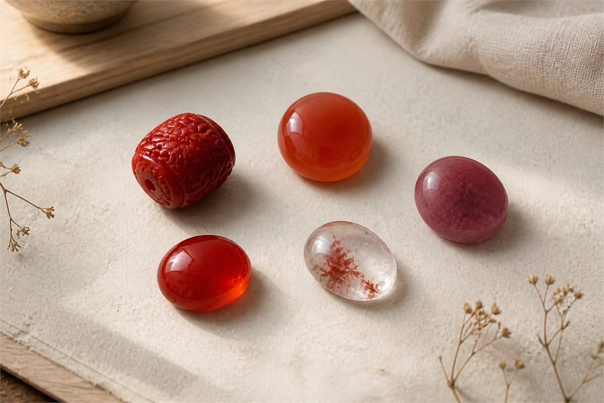 Five separated red chalcedony stones in deep red, warm orange-red, rose, cherry, and pale translucent tones