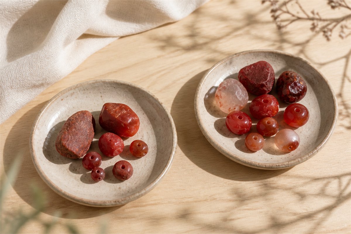 Two separate dishes holding varied red chalcedony rough pieces and beads on neutral linen